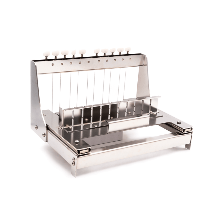 Heavy-duty medical-grade multiple-bar stainless steel soap cutter.