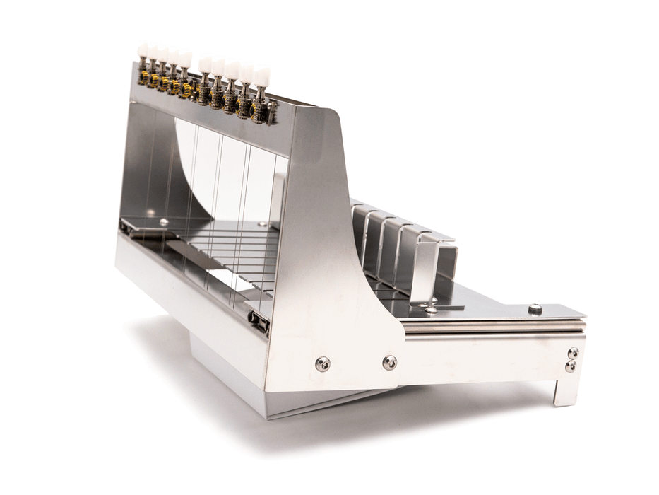 Heavy-duty medical-grade multiple-bar stainless steel soap cutter 3/4 back 
view