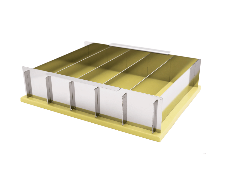 compact collapsible stainless steel soap loaf mold that makes 5 of 11" loaves, total 55 of 1" square bars of soaps