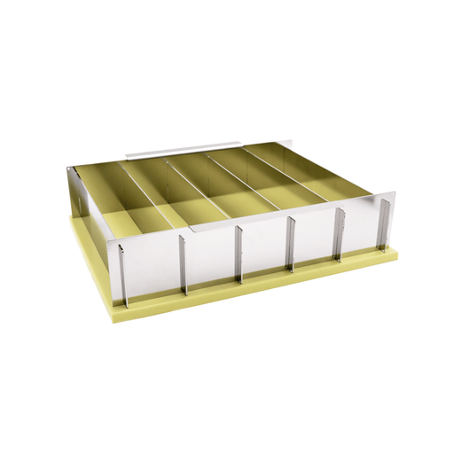 compact collapsible stainless steel soap loaf mold that makes 5 of 11" loaves, total 55 of 1" square bars of soaps