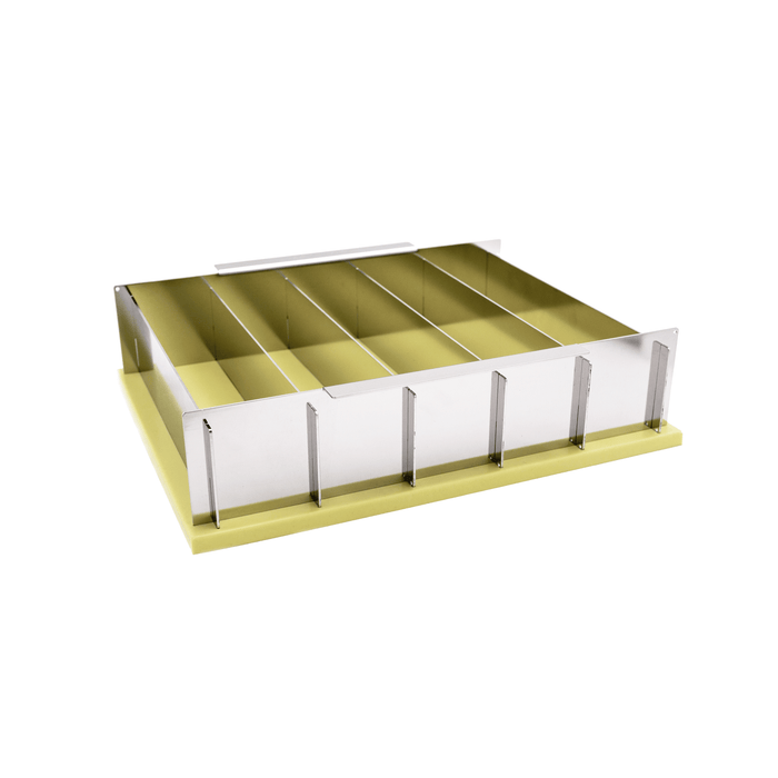 compact collapsible stainless steel soap loaf mold that makes 5 of 11" loaves, total 55 of 1" square bars of soaps