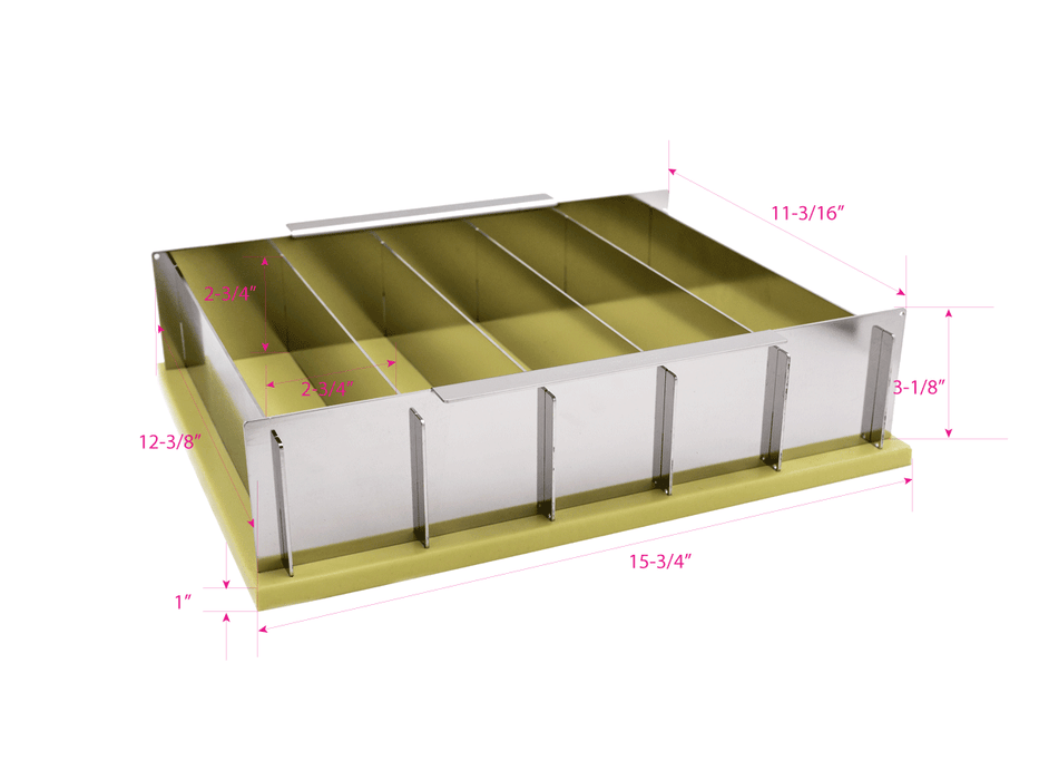 compact collapsible stainless steel soap loaf mold that makes 5 of 11" loaves, total 55 of 1" square bars of soaps