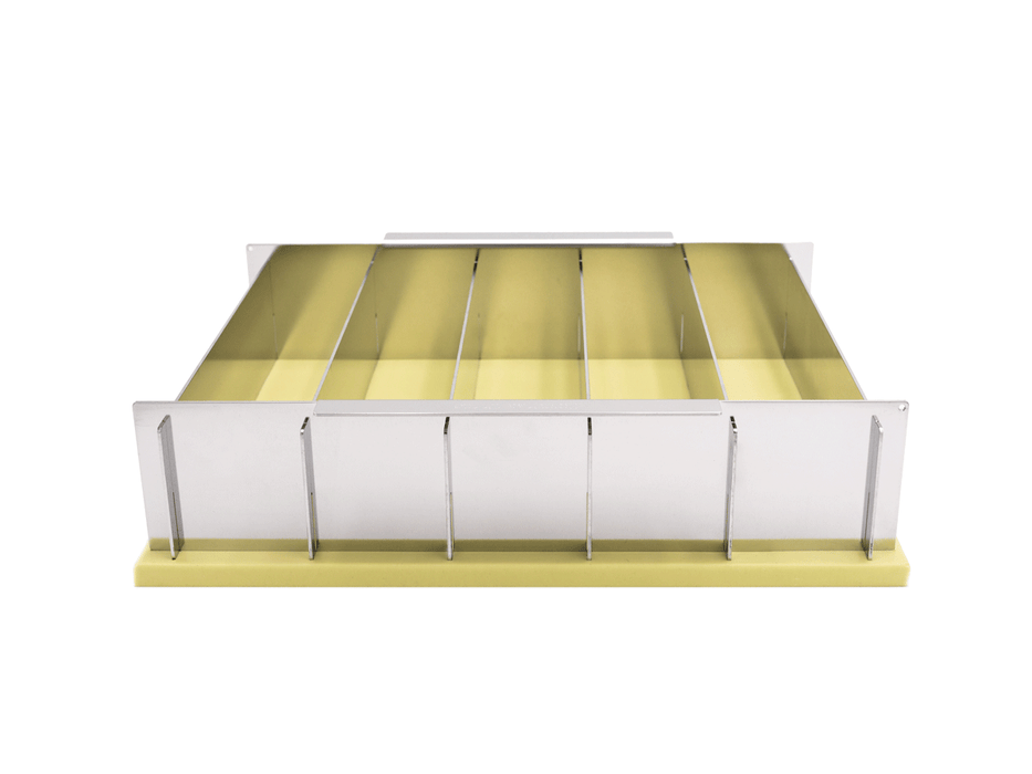 compact collapsible stainless steel soap loaf mold that makes 5 of 11" loaves, total 55 of 1" square bars of soaps