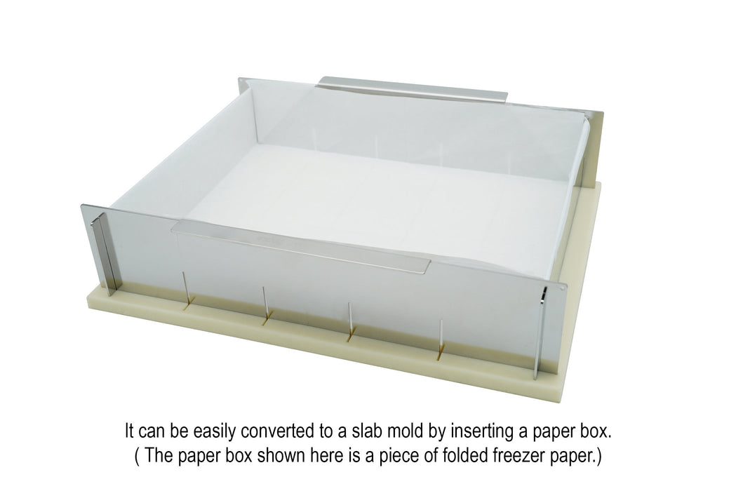 heavy-duty compact collapsible stainless steel 5-loaf soap mold can be converted to a slab mold