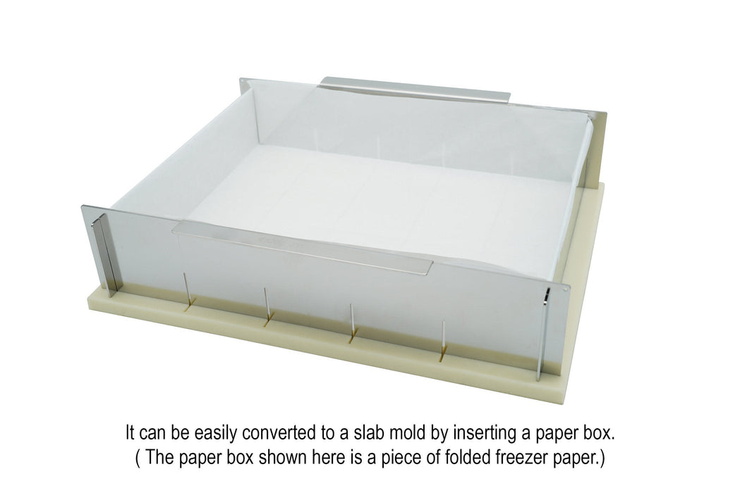 heavy-duty compact versatile collapsible stainless steel multiple-loaf soap mold can be converted to a slab mold