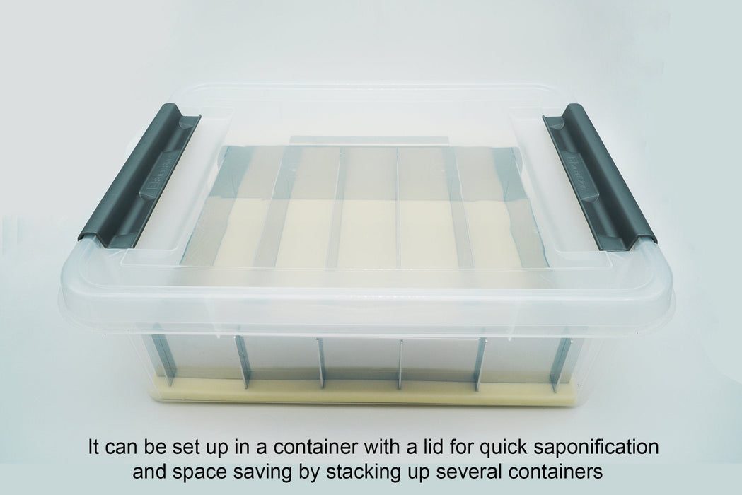 heavy-duty compact versatile collapsible stainless steel multiple-loaf soap mold can be setup in a container to expedite the saponification speed