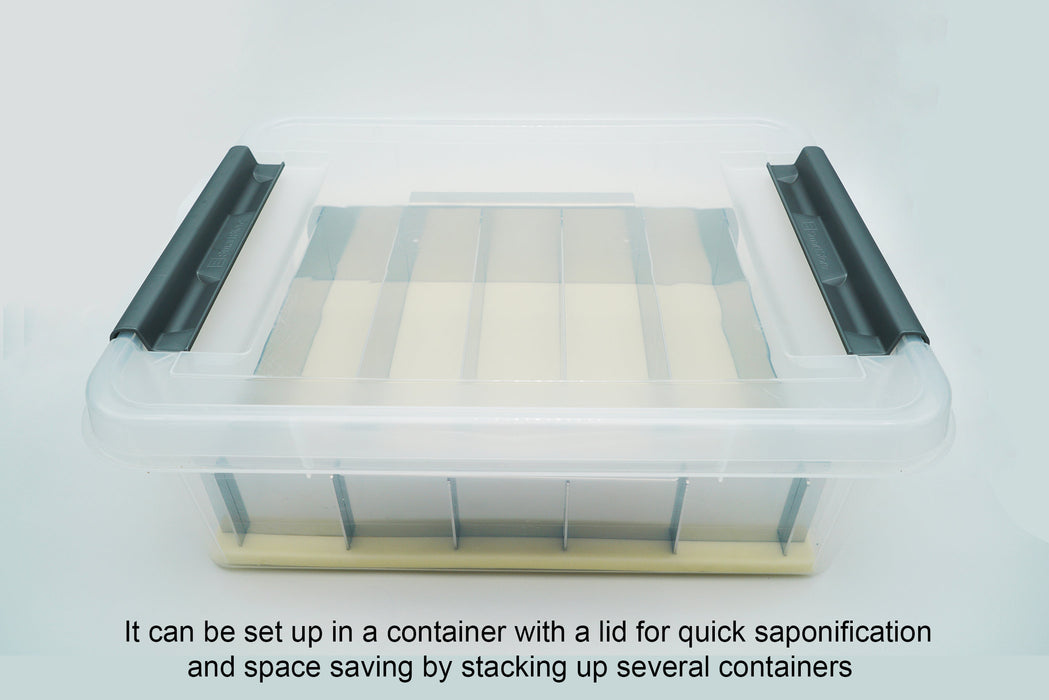 heavy-duty compact collapsible stainless steel 5-loaf soap mold set up in a container
