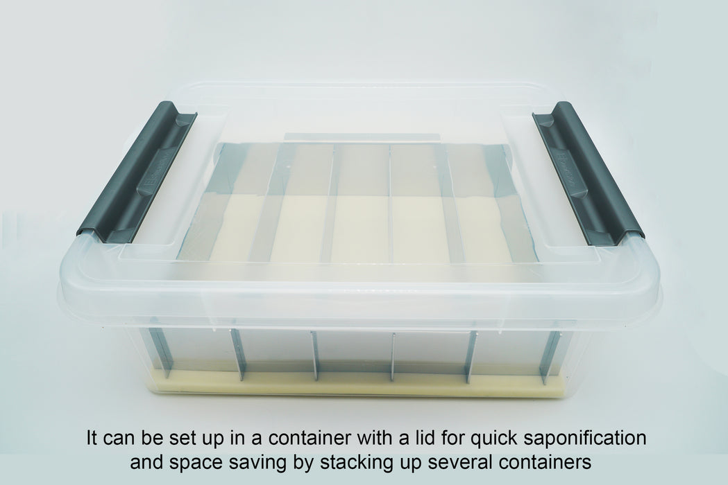 heavy-duty compact versatile collapsible stainless steel multiple-loaf soap mold can be set up in a container to expedite the saponification speed