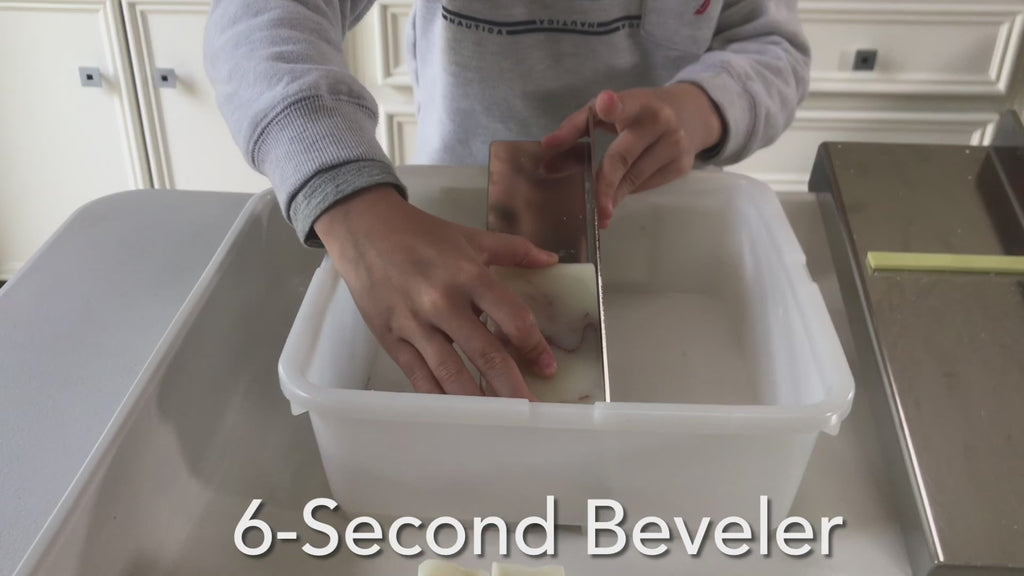 Heavy-duty stainless steel soap beveler evenly creates 45-degree beveled edges in just 6-8 seconds. Safe for all ages. 